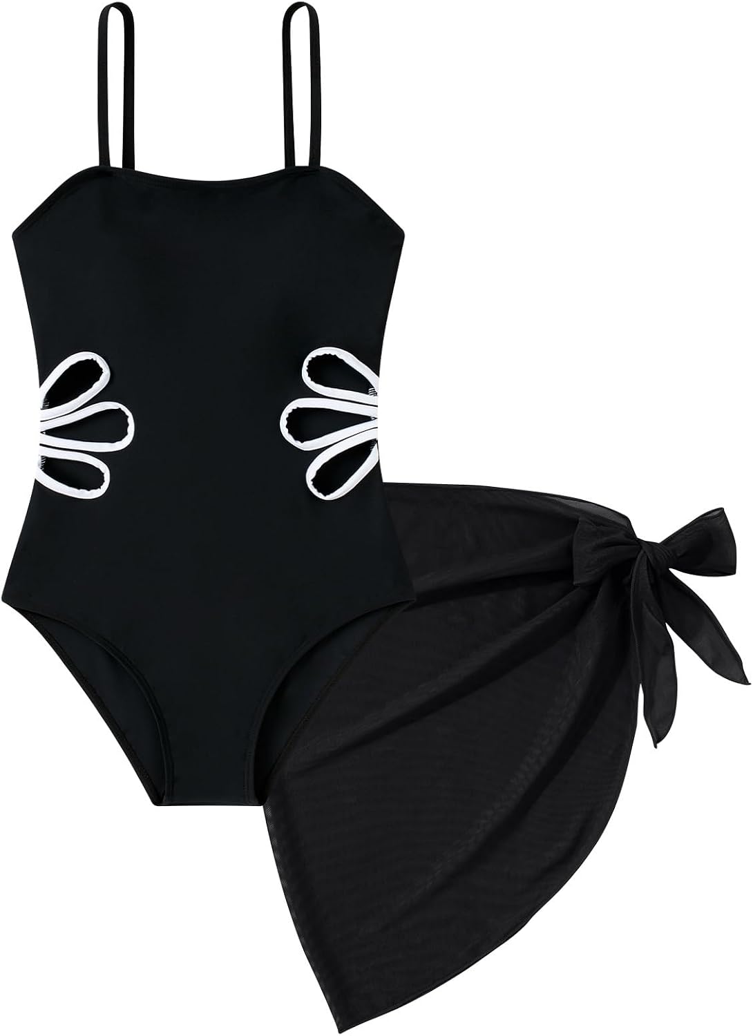 Girls Swimsuit Cut Out One Piece Bathing Suit Adjustable Straps Swimwear with Cover Up Skirt Size 9-16