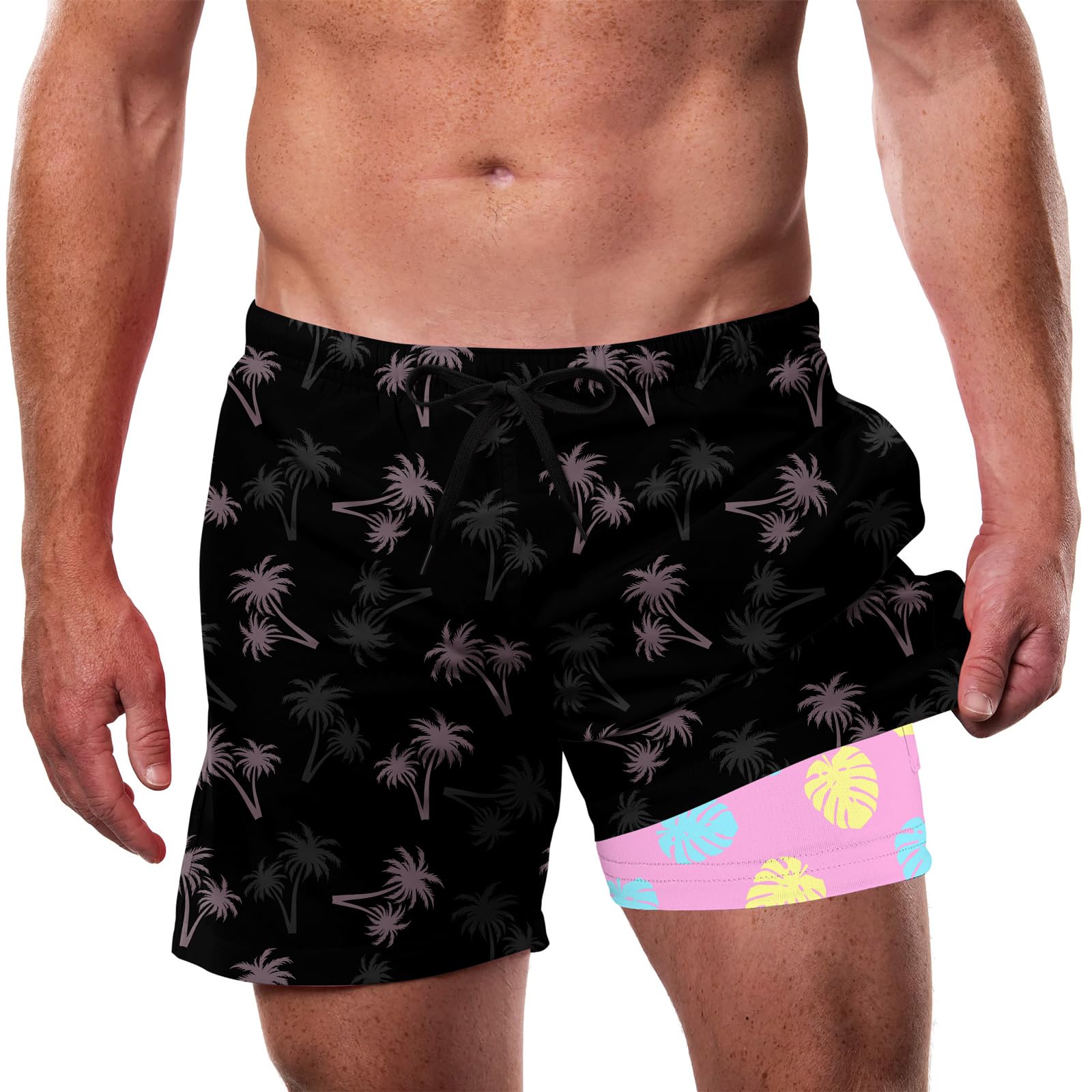 Cozople Men's Swim Trunks with Compression Liner 5.5" Inseam Quick Dry Bathing Suit Boxer Brief Lined Swim Shorts Swimwear