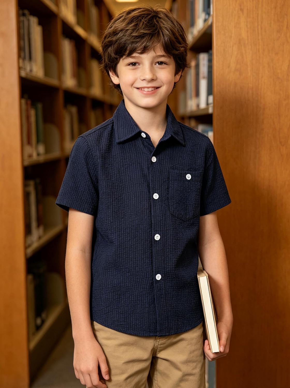 Cozople Boys Short Sleeve Button Down Shirts Solid Striple Seersucker Shirt with Chest Pocket 5-14 Years