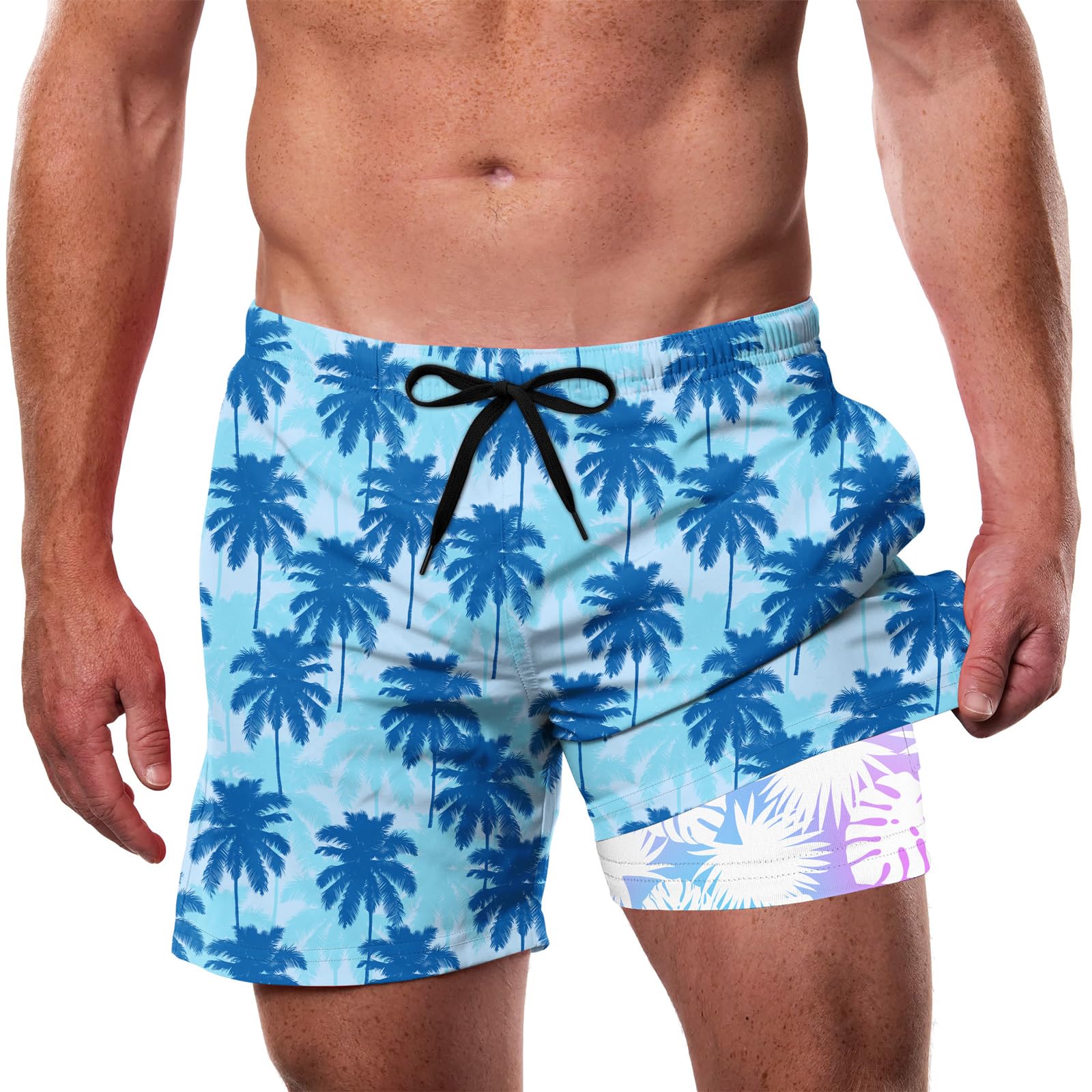 Cozople Men's Swim Trunks with Compression Liner 5.5" Inseam Quick Dry Bathing Suit Boxer Brief Lined Swim Shorts Swimwear