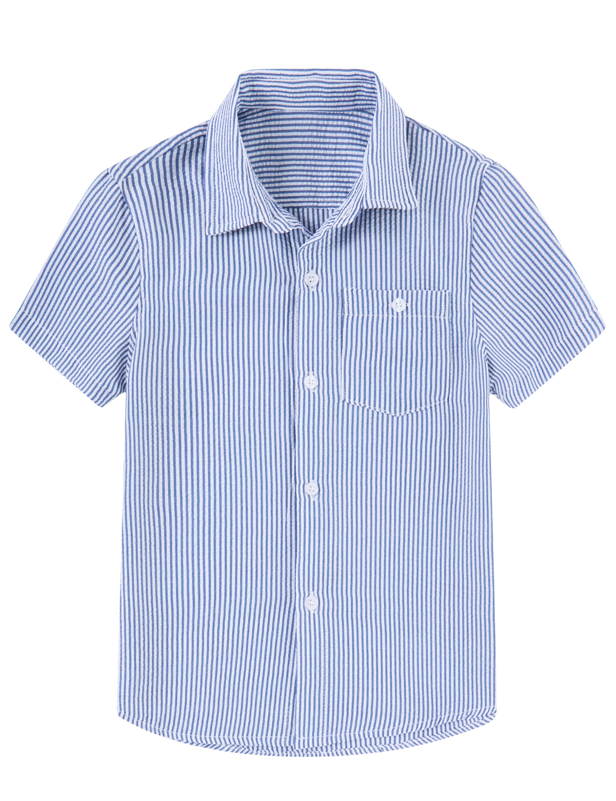 Cozople Boys Short Sleeve Button Down Shirts Solid Striple Seersucker Shirt with Chest Pocket 5-14 Years