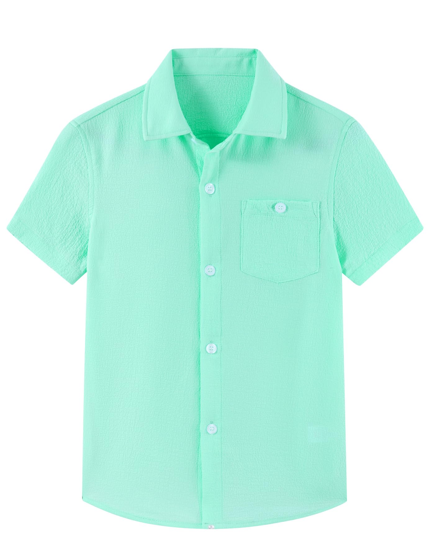 Cozople Boys Short Sleeve Button Down Shirts Solid Striple Seersucker Shirt with Chest Pocket 5-14 Years