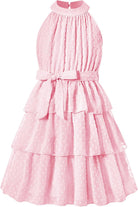 Move Dance Girls Summer Dress Tween Halter Neck Flared A-Line Swiss Dot Chiffon Sundress 6-13 Years