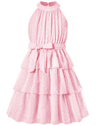 Move Dance Girls Summer Dress Tween Halter Neck Flared A-Line Swiss Dot Chiffon Sundress 6-13 Years