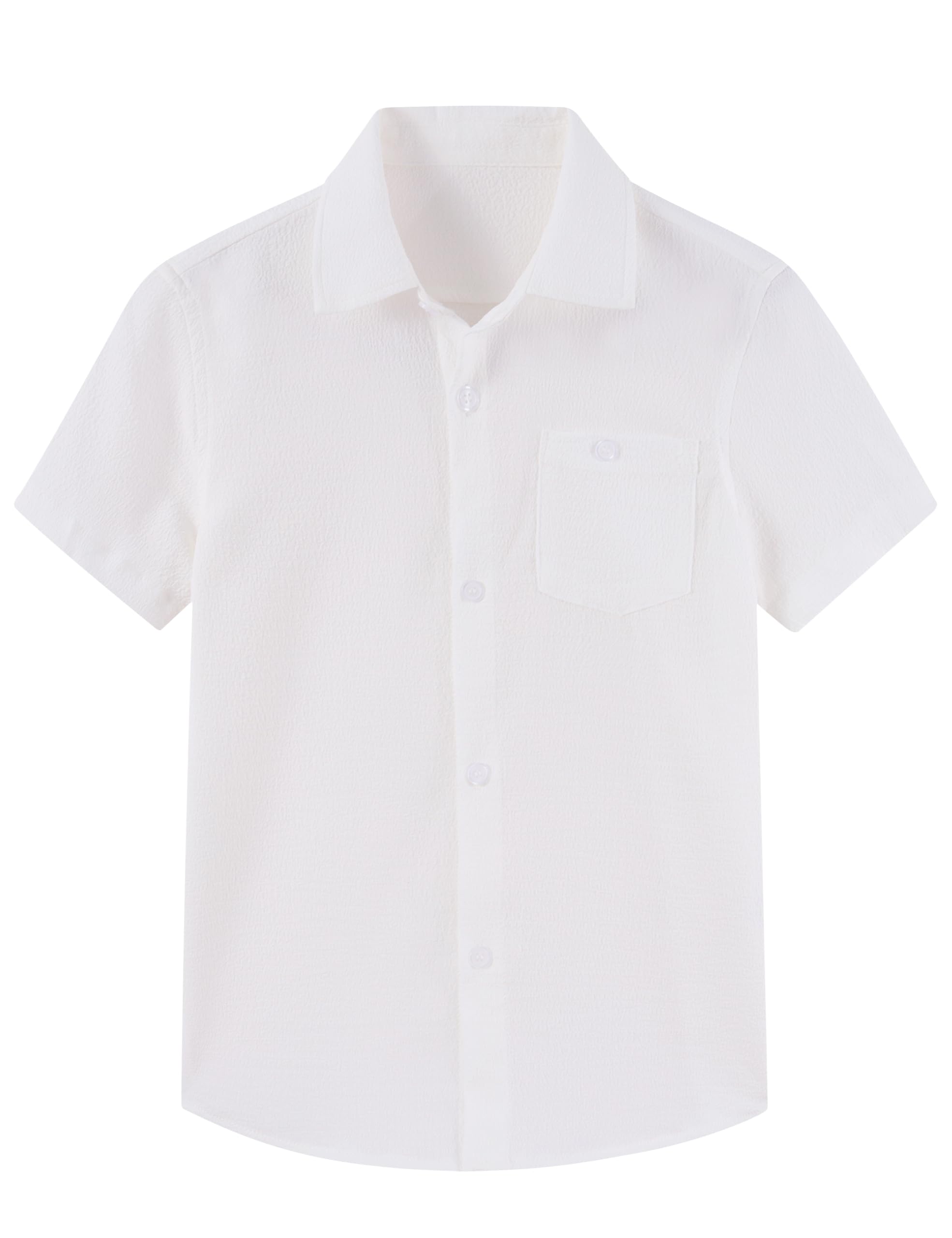 Cozople Boys Short Sleeve Button Down Shirts Solid Striple Seersucker Shirt with Chest Pocket 5-14 Years