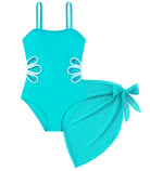 Girls Swimsuit Cut Out One Piece Bathing Suit Adjustable Straps Swimwear with Cover Up Skirt Size 9-16