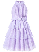 Move Dance Girls Summer Dress Tween Halter Neck Flared A-Line Swiss Dot Chiffon Sundress 6-13 Years