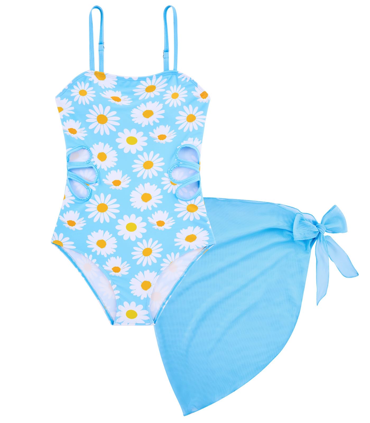 Girls Swimsuit Cut Out One Piece Bathing Suit Adjustable Straps Swimwear with Cover Up Skirt Size 9-16