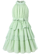 Move Dance Girls Summer Dress Tween Halter Neck Flared A-Line Swiss Dot Chiffon Sundress 6-13 Years