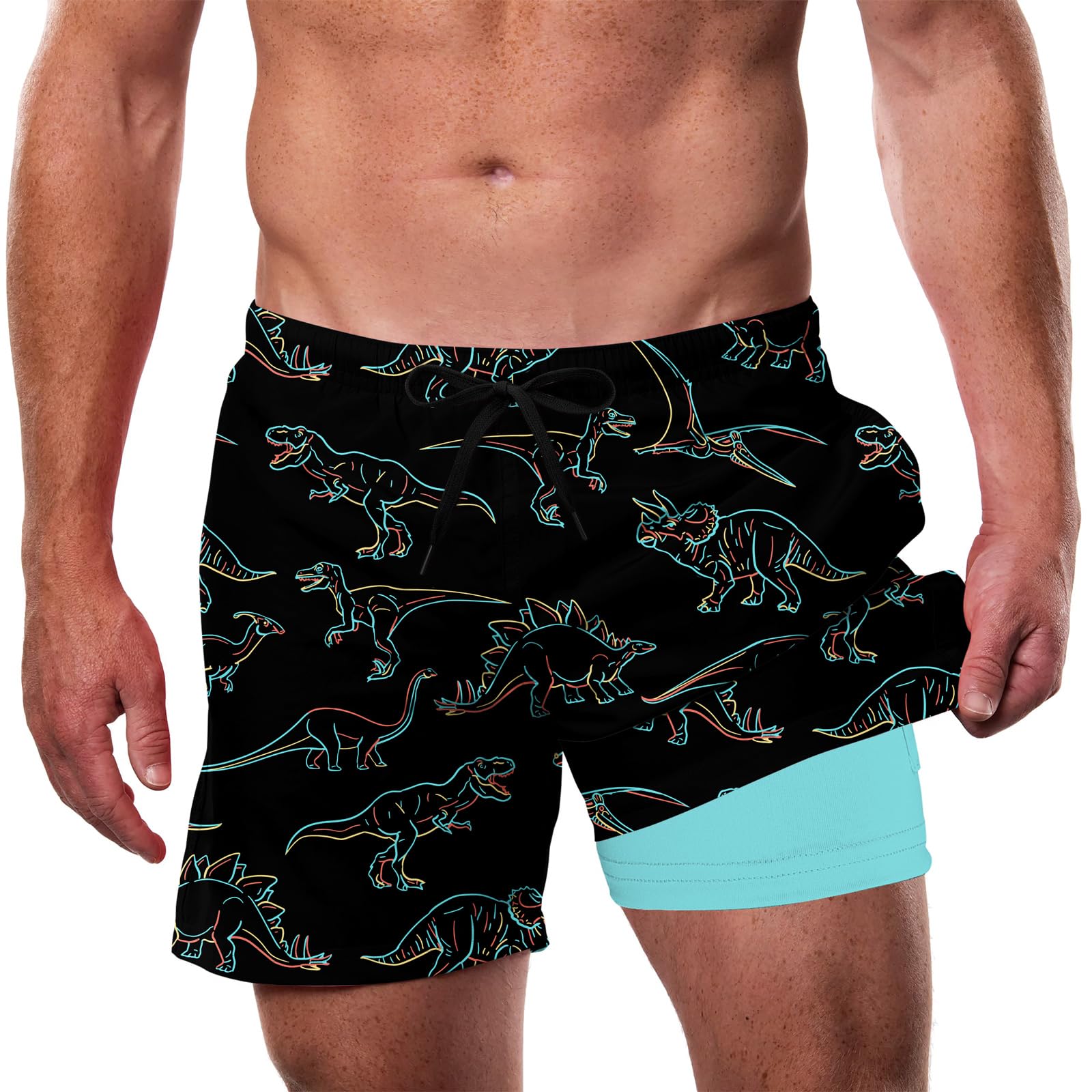 Cozople Men's Swim Trunks with Compression Liner 5.5" Inseam Quick Dry Bathing Suit Boxer Brief Lined Swim Shorts Swimwear