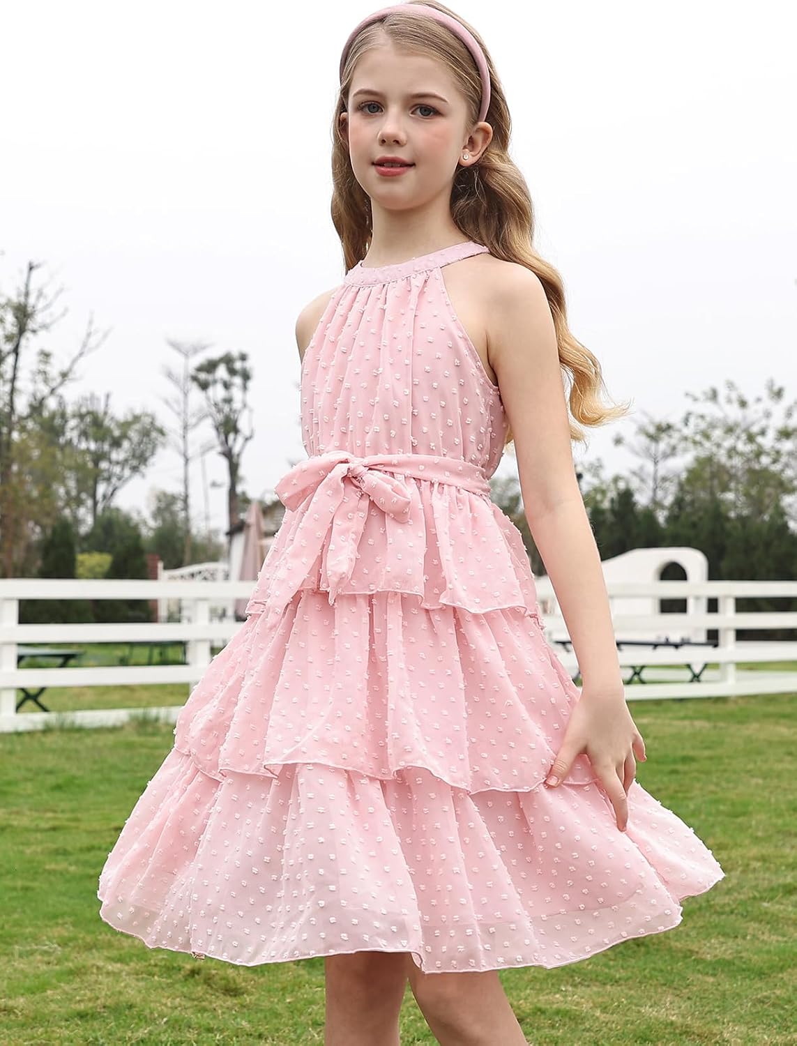 Move Dance Girls Summer Dress Tween Halter Neck Flared A-Line Swiss Dot Chiffon Sundress 6-13 Years