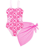 Girls Swimsuit Cut Out One Piece Bathing Suit Adjustable Straps Swimwear with Cover Up Skirt Size 9-16