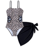 Girls Swimsuit Cut Out One Piece Bathing Suit Adjustable Straps Swimwear with Cover Up Skirt Size 9-16