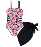 Girls Swimsuit Cut Out One Piece Bathing Suit Adjustable Straps Swimwear with Cover Up Skirt Size 9-16