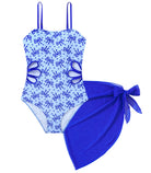 Girls Swimsuit Cut Out One Piece Bathing Suit Adjustable Straps Swimwear with Cover Up Skirt Size 9-16