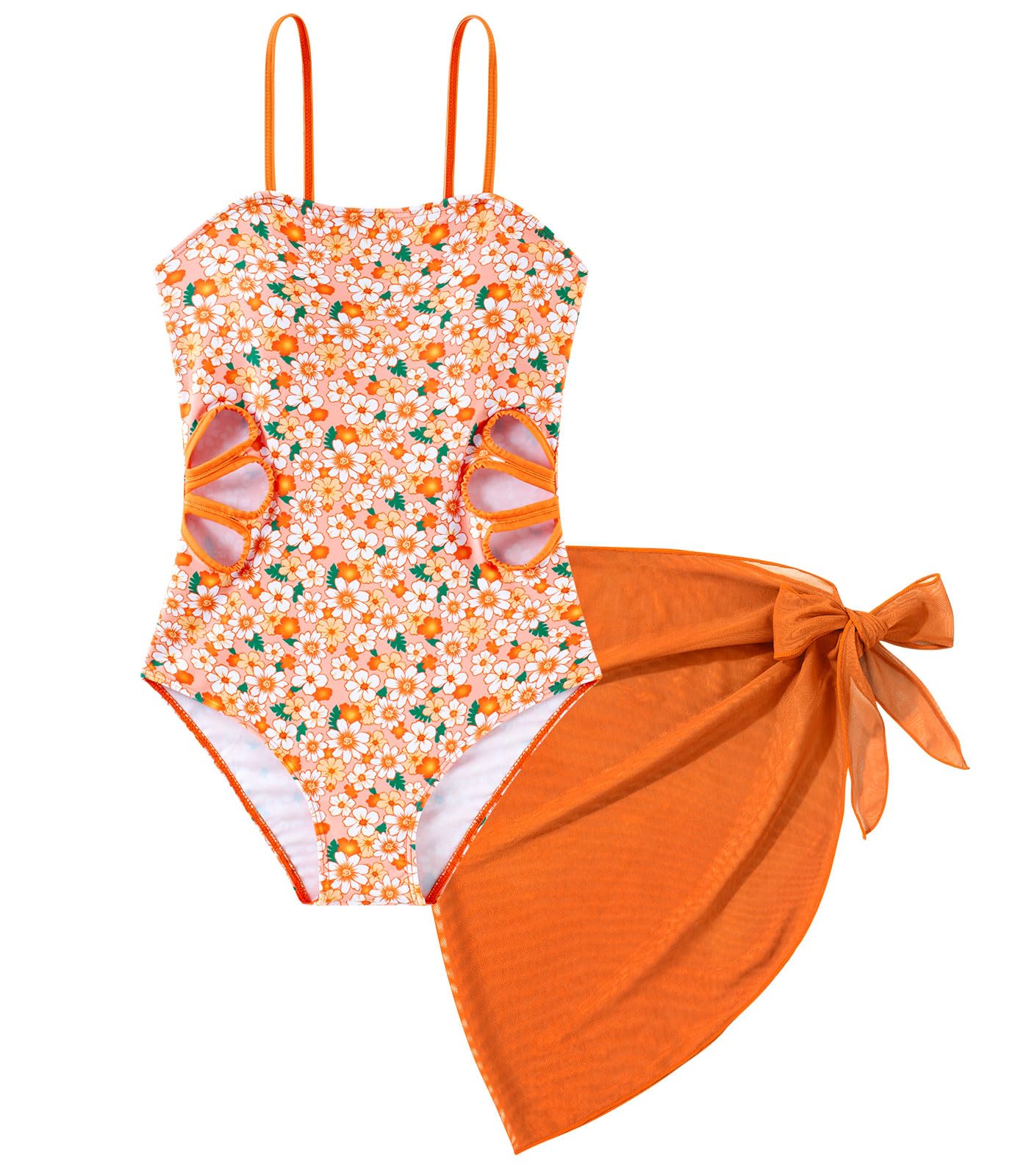 Girls Swimsuit Cut Out One Piece Bathing Suit Adjustable Straps Swimwear with Cover Up Skirt Size 9-16