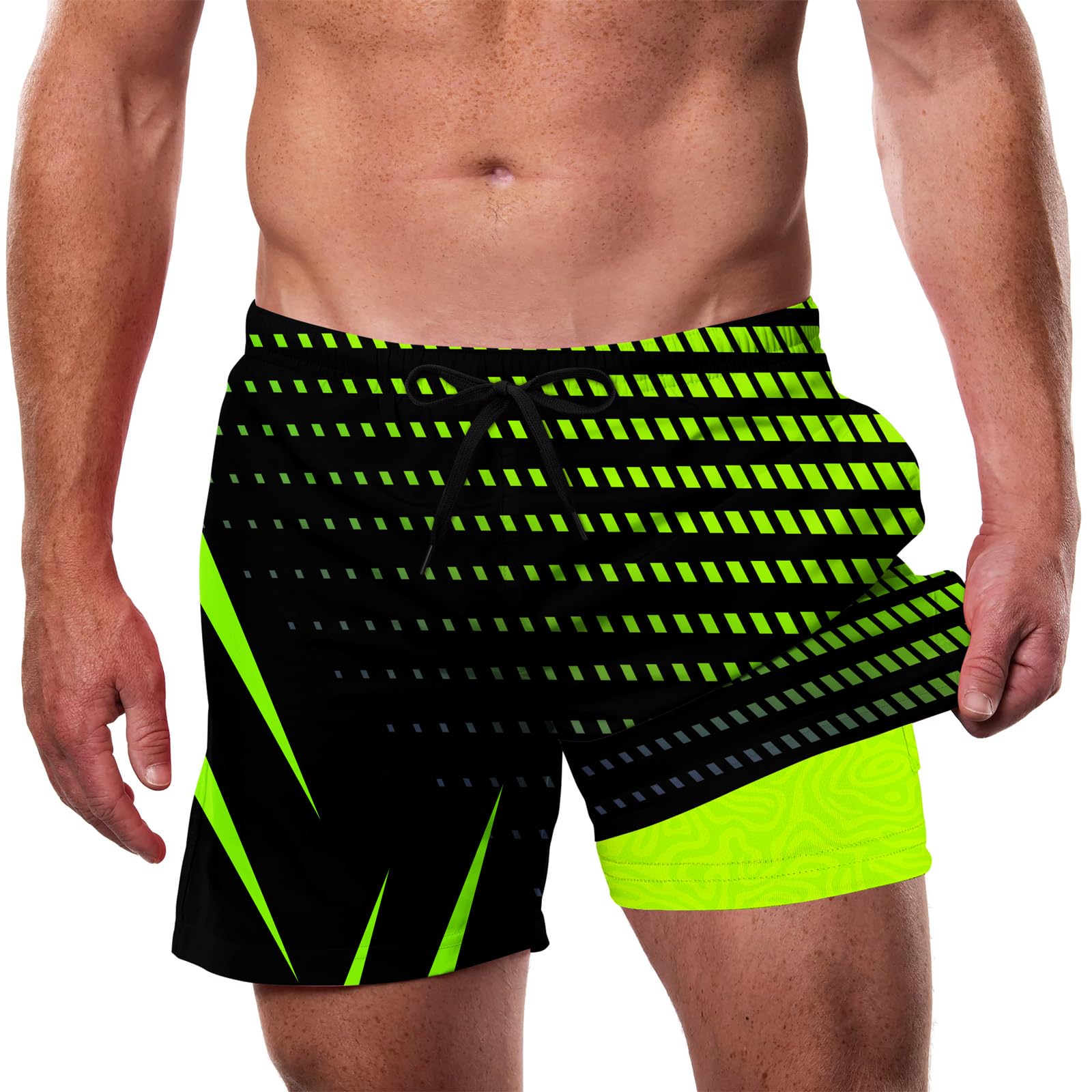 Cozople Men's Swim Trunks with Compression Liner 5.5" Inseam Quick Dry Bathing Suit Boxer Brief Lined Swim Shorts Swimwear