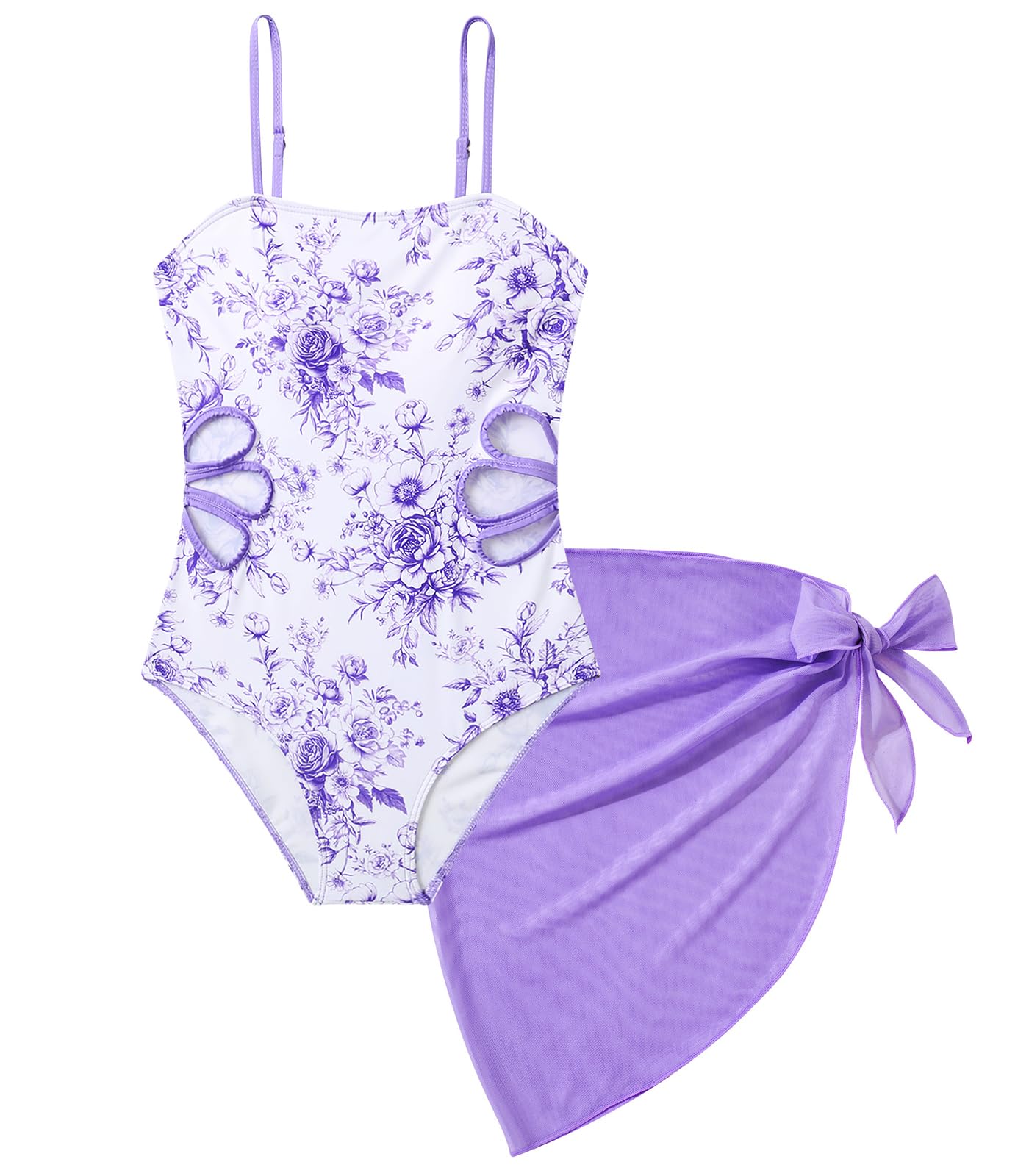 Girls Swimsuit Cut Out One Piece Bathing Suit Adjustable Straps Swimwear with Cover Up Skirt Size 9-16