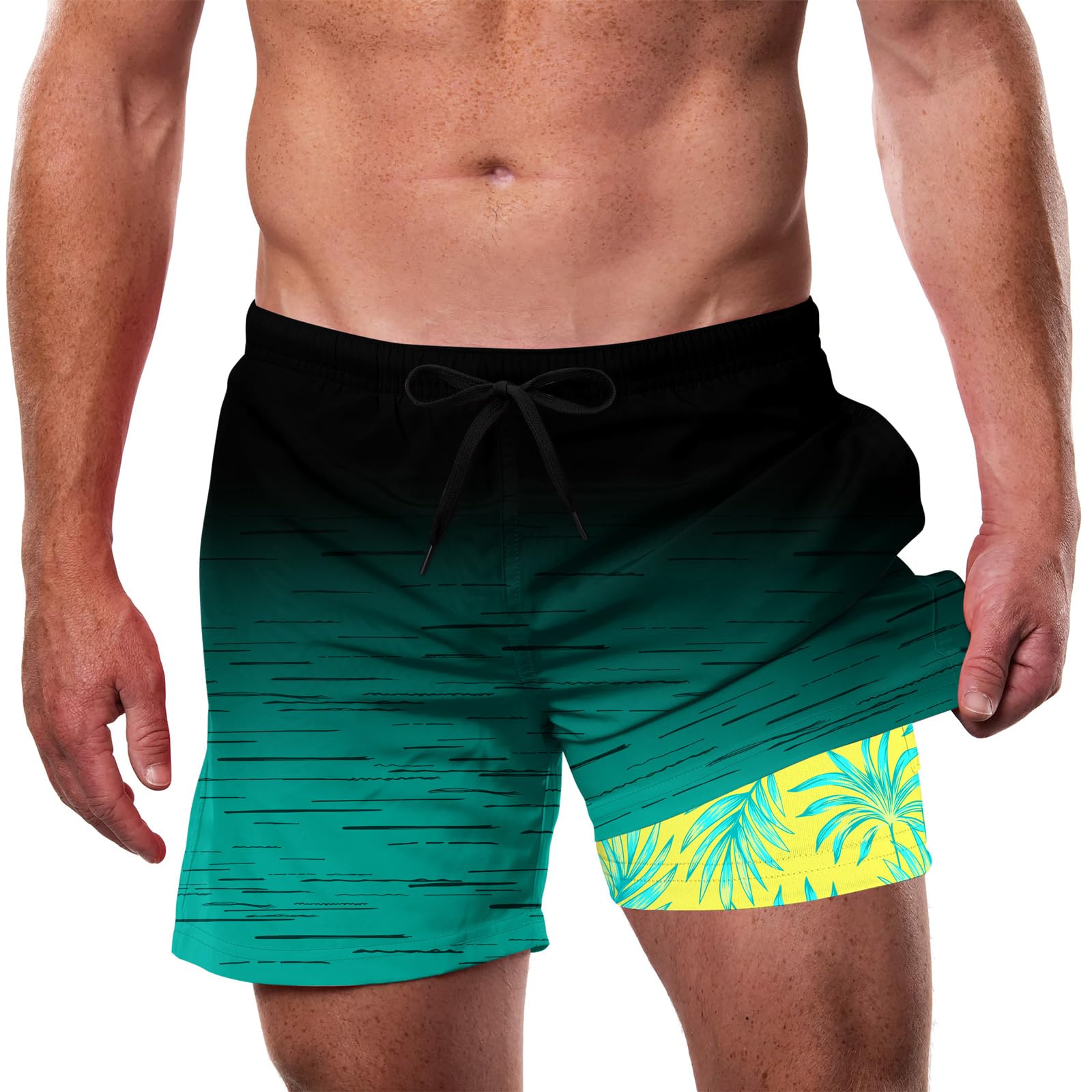 Cozople Men's Swim Trunks with Compression Liner 5.5" Inseam Quick Dry Bathing Suit Boxer Brief Lined Swim Shorts Swimwear