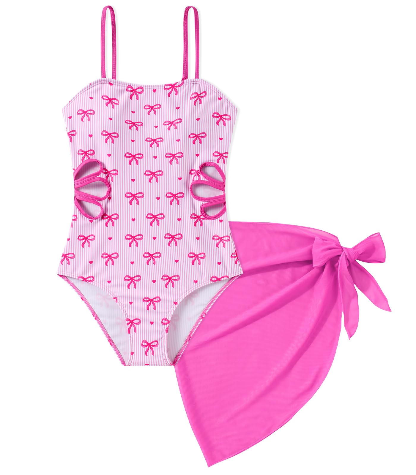 Girls Swimsuit Cut Out One Piece Bathing Suit Adjustable Straps Swimwear with Cover Up Skirt Size 9-16