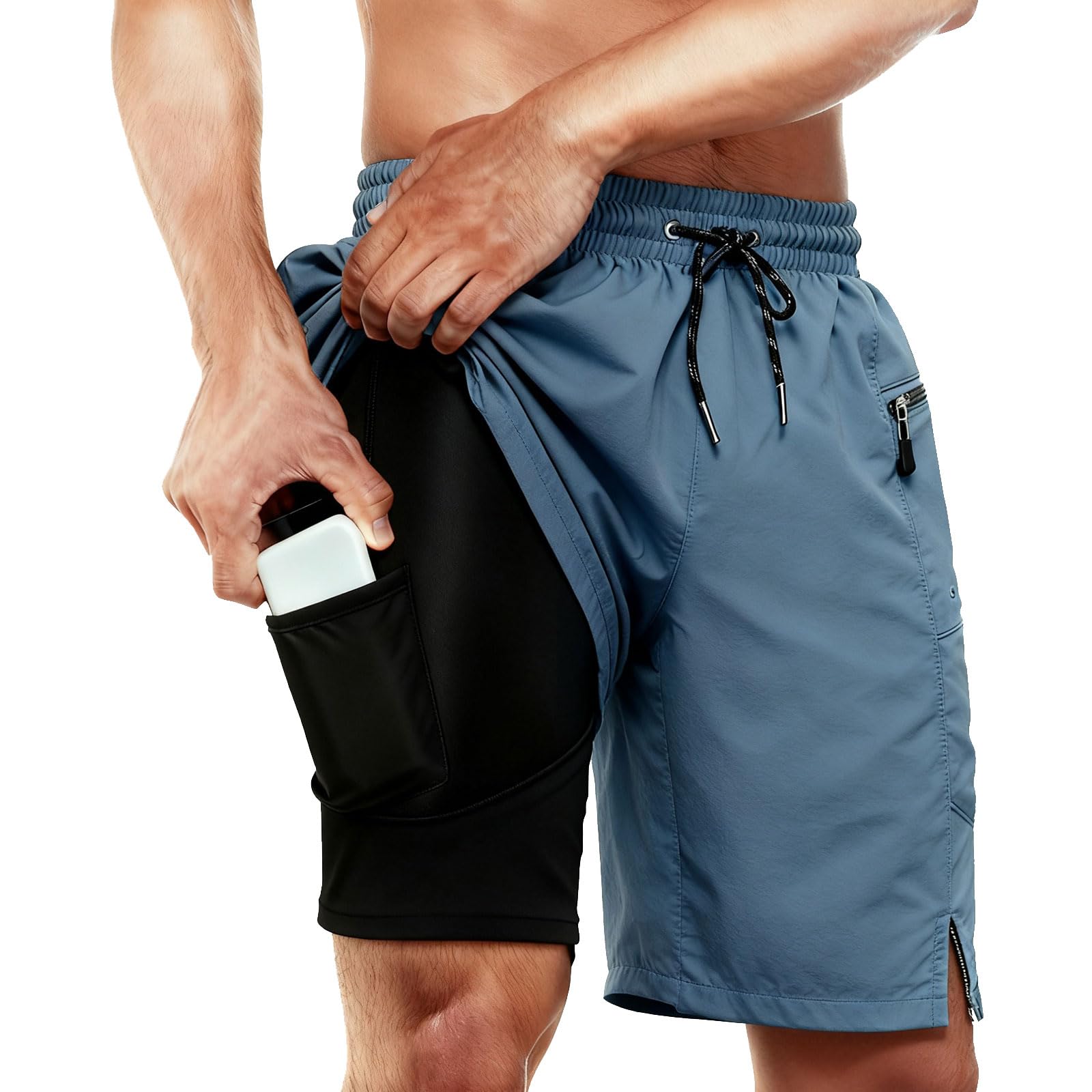 Cozople Mens Swim Trunks with Compression Liner 2 in 1 Quick Dry 9" Zipper Pockets Board Shorts for Surfing Beach Gym
