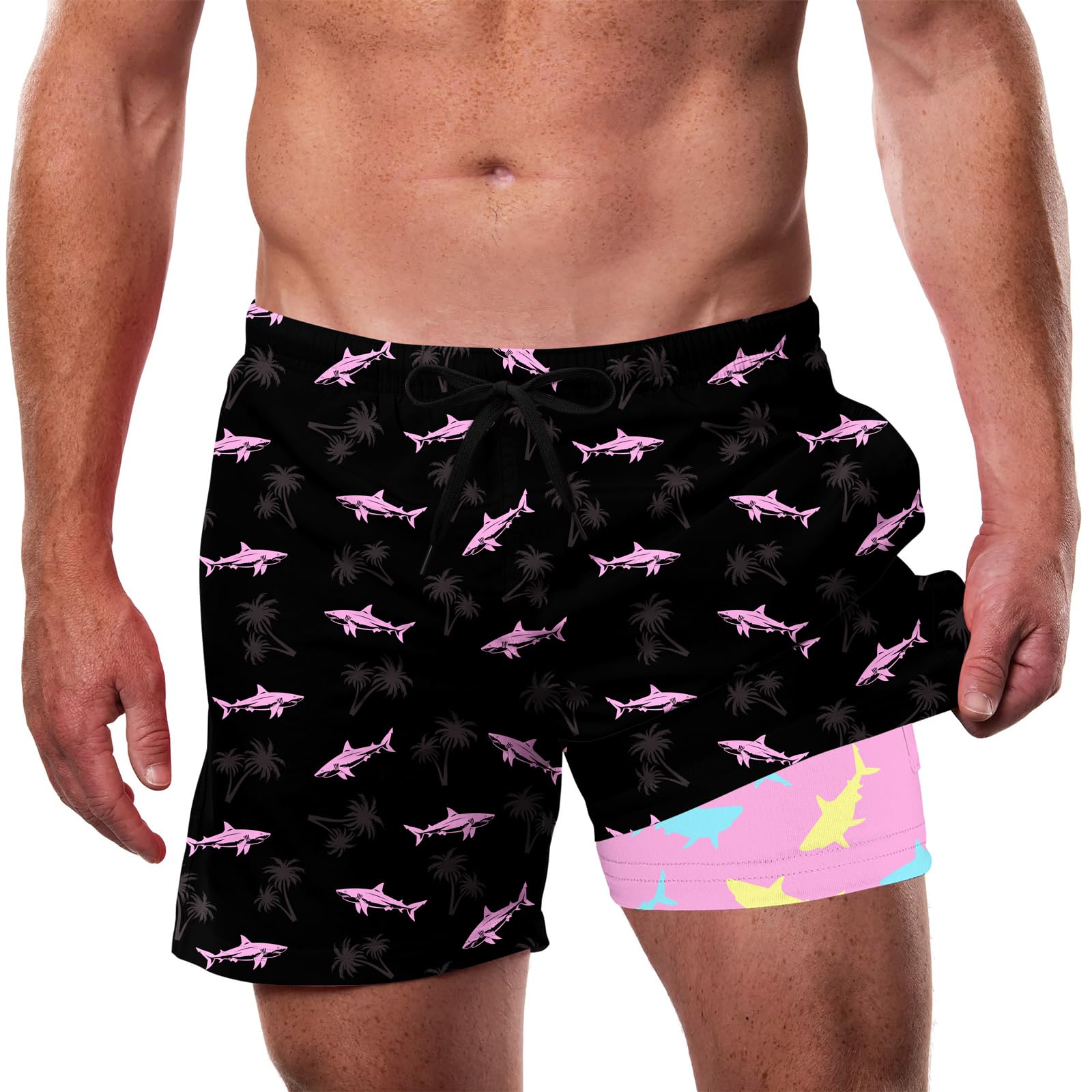Cozople Men's Swim Trunks with Compression Liner 5.5" Inseam Quick Dry Bathing Suit Boxer Brief Lined Swim Shorts Swimwear