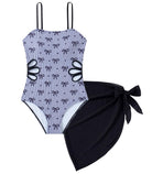 Girls Swimsuit Cut Out One Piece Bathing Suit Adjustable Straps Swimwear with Cover Up Skirt Size 9-16