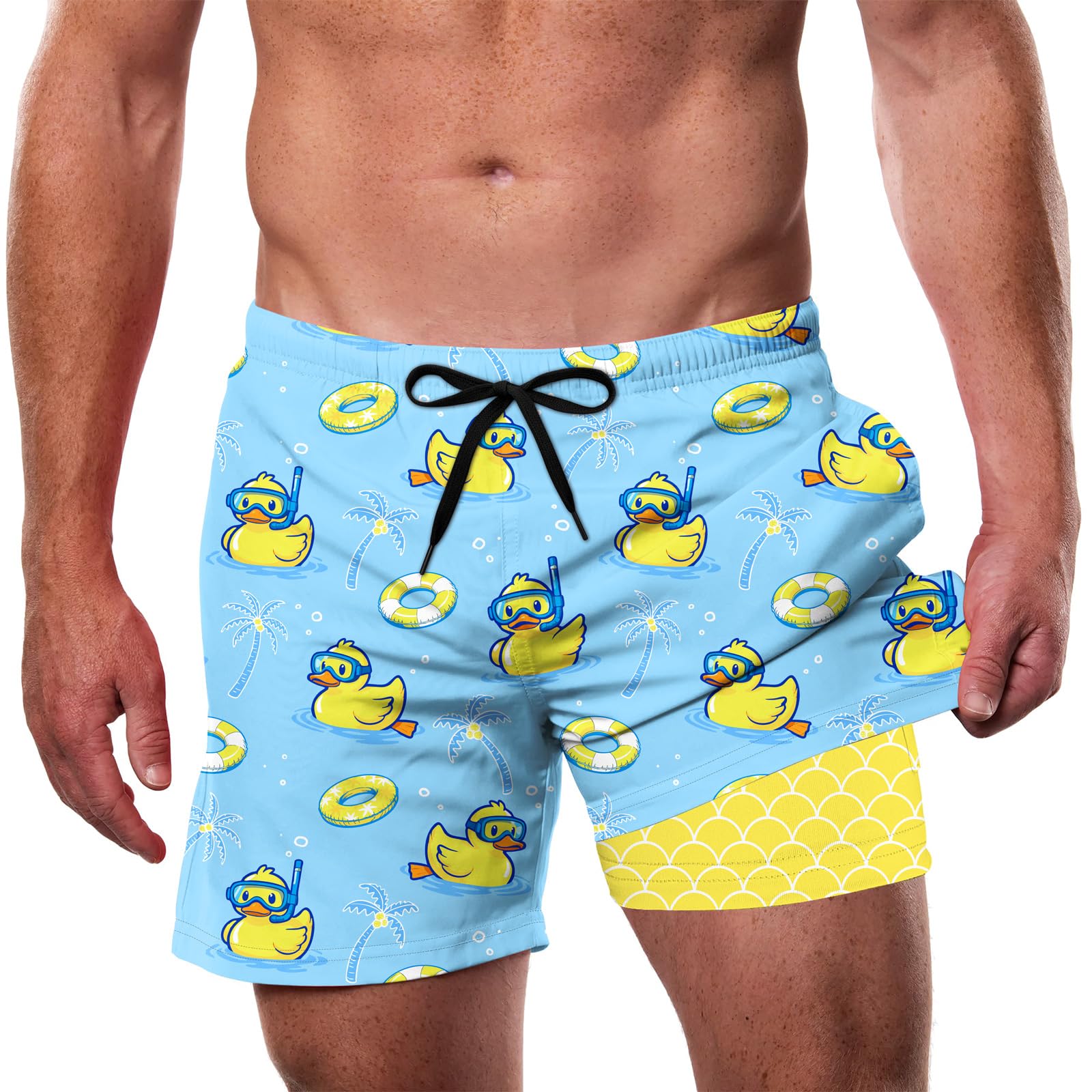 Cozople Men's Swim Trunks with Compression Liner 5.5" Inseam Quick Dry Bathing Suit Boxer Brief Lined Swim Shorts Swimwear