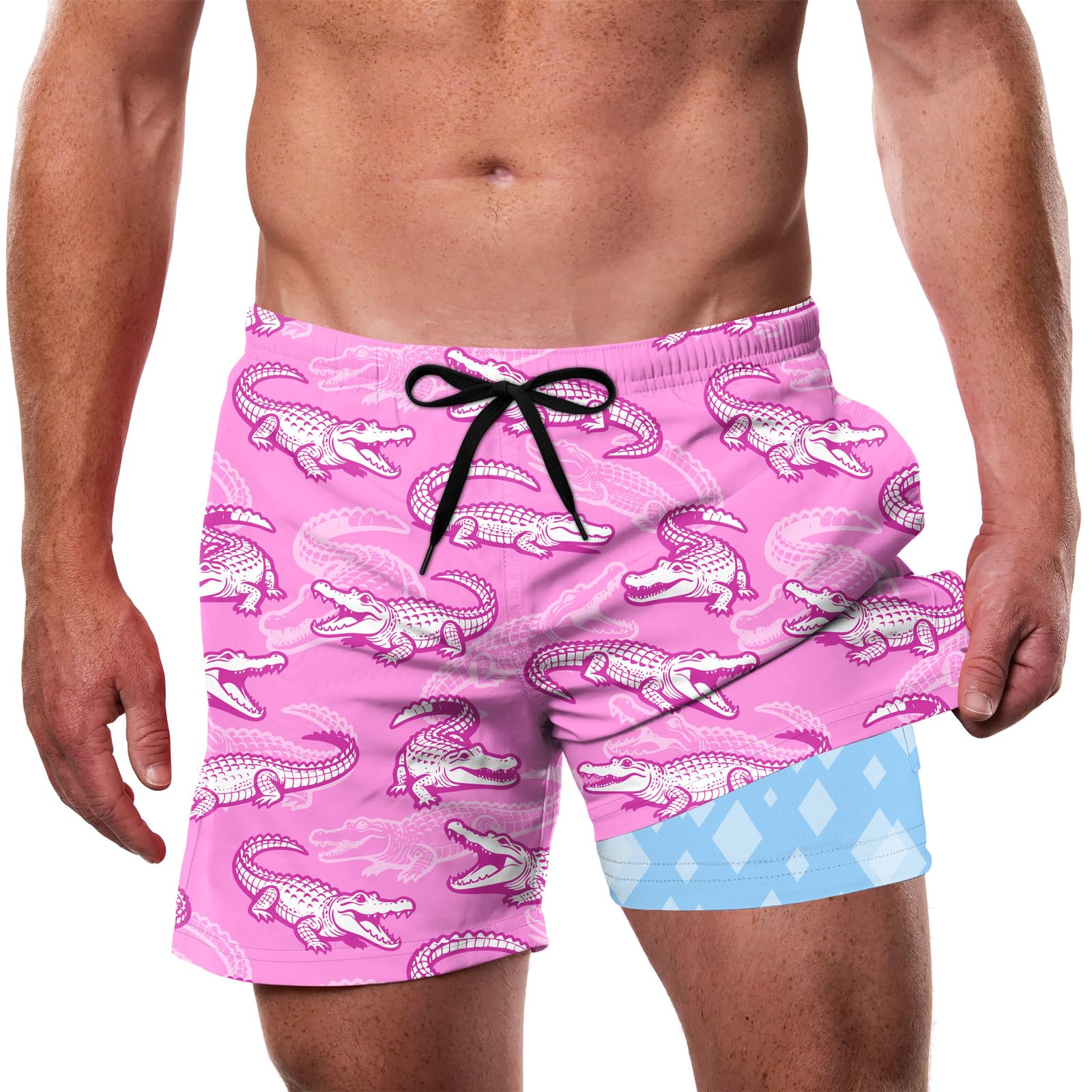 Cozople Men's Swim Trunks with Compression Liner 5.5" Inseam Quick Dry Bathing Suit Boxer Brief Lined Swim Shorts Swimwear
