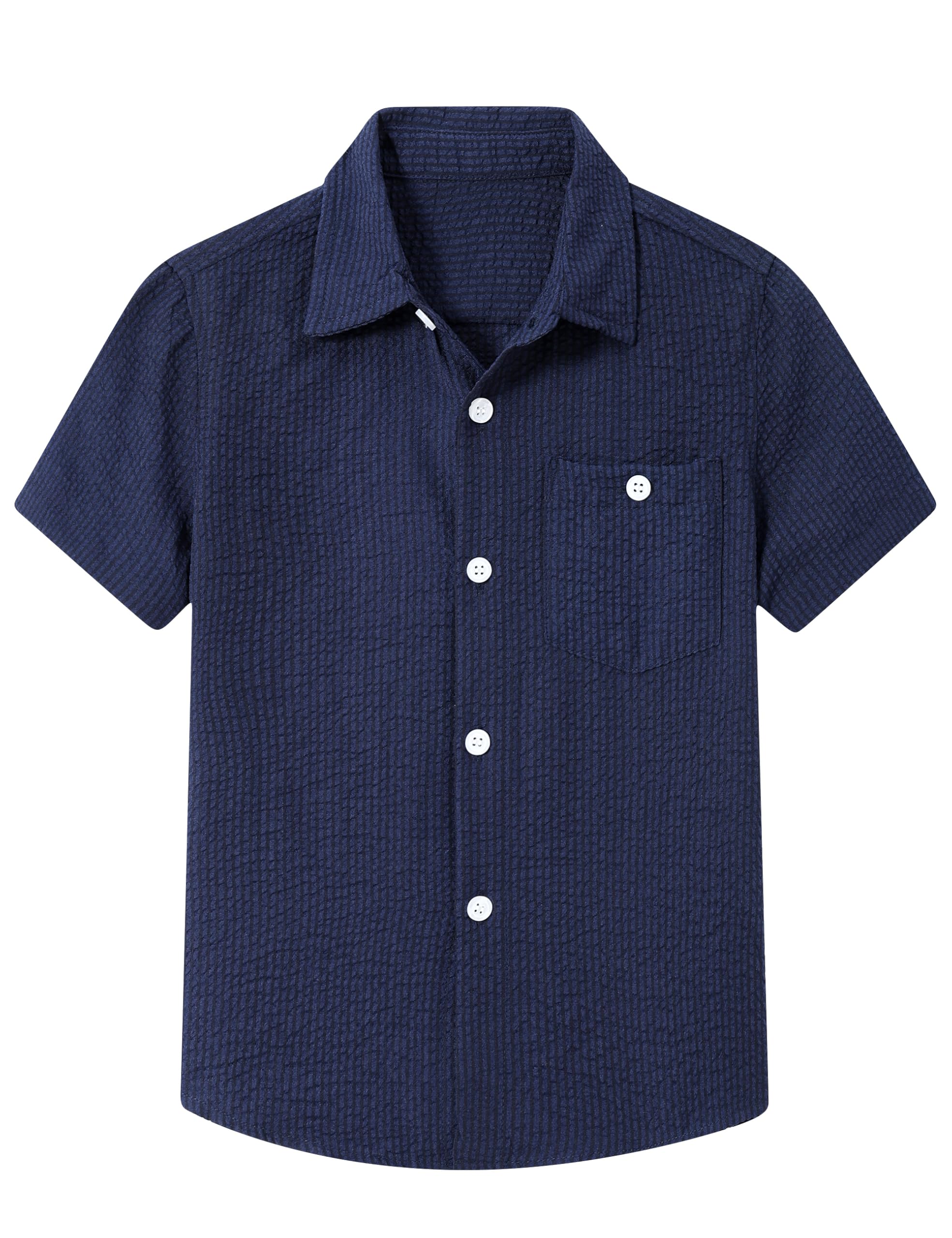 Cozople Boys Short Sleeve Button Down Shirts Solid Striple Seersucker Shirt with Chest Pocket 5-14 Years