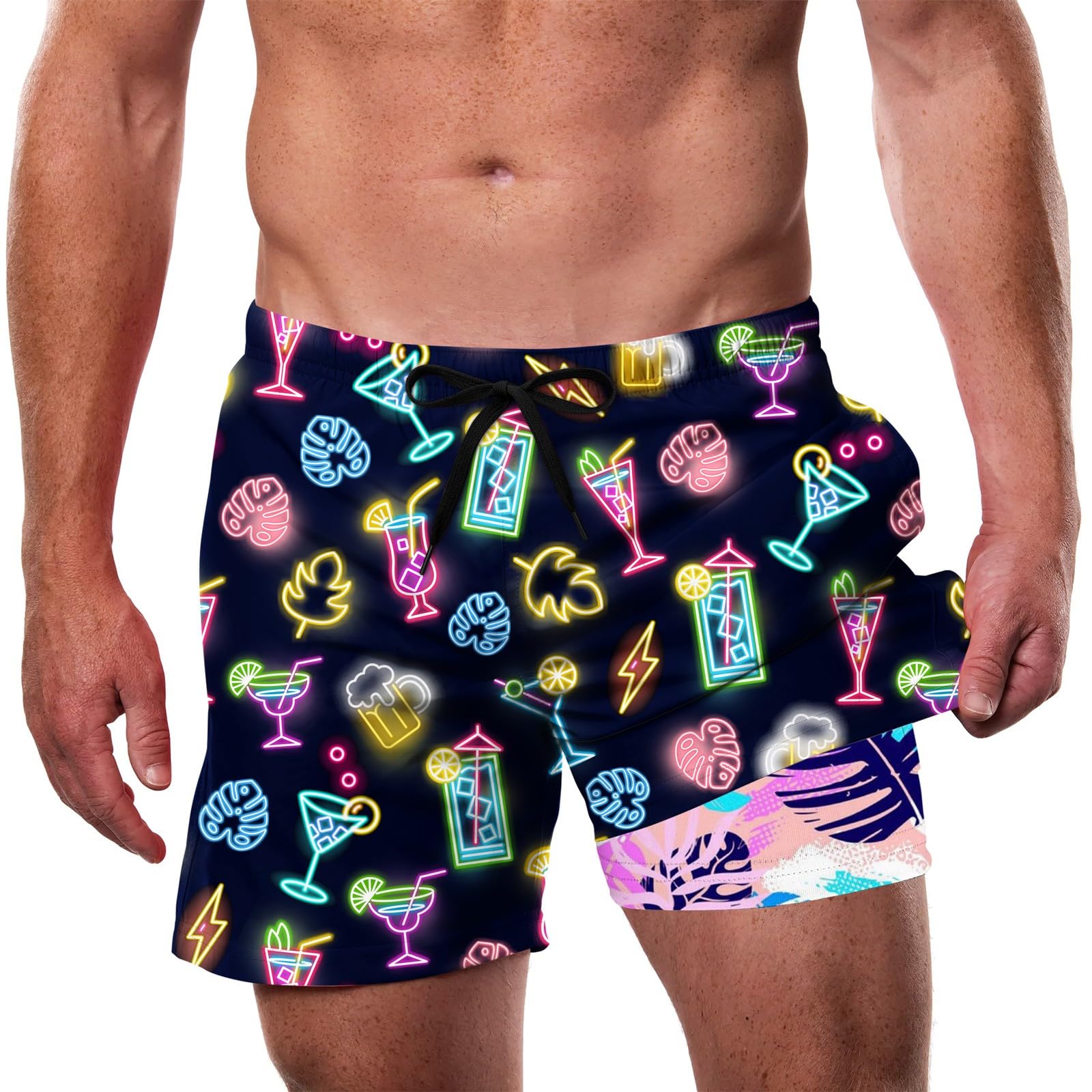 Cozople Men's Swim Trunks with Compression Liner 5.5" Inseam Quick Dry Bathing Suit Boxer Brief Lined Swim Shorts Swimwear