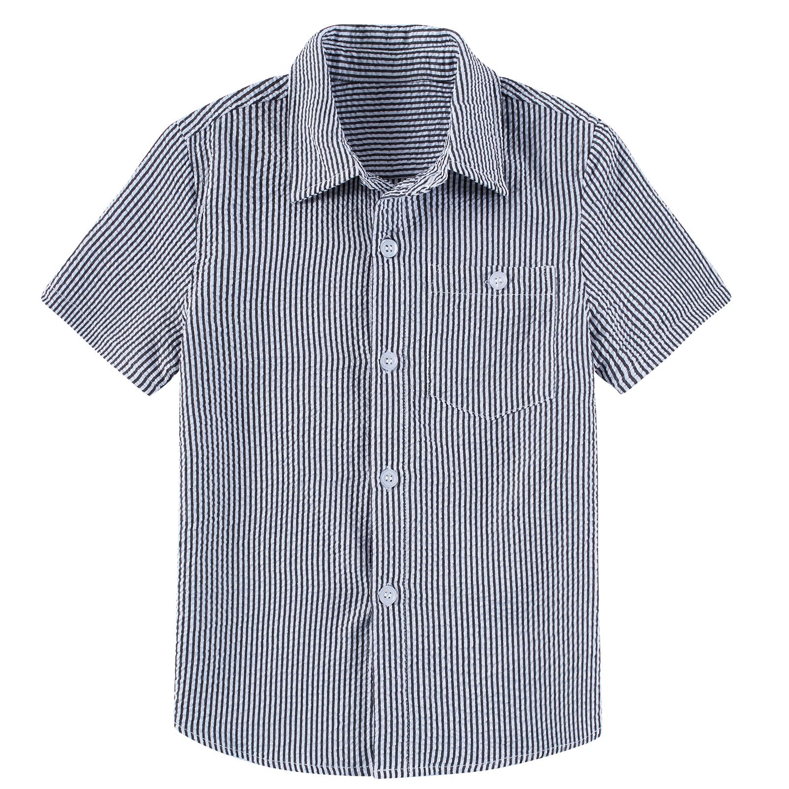 Cozople Boys Short Sleeve Button Down Shirts Solid Striple Seersucker Shirt with Chest Pocket 5-14 Years