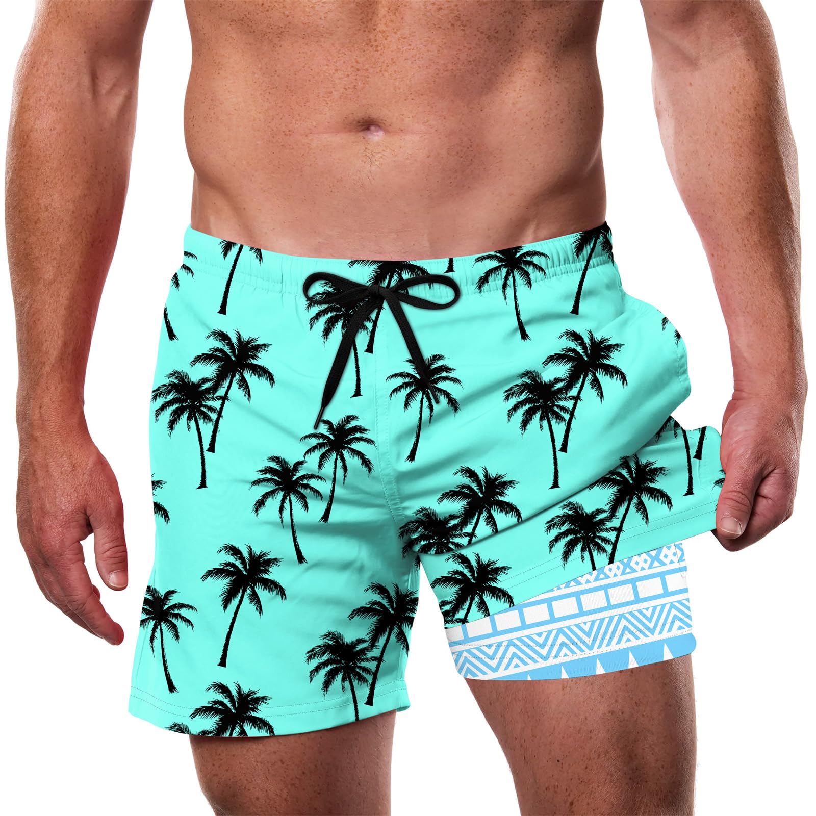 Cozople Men's Swim Trunks with Compression Liner 5.5" Inseam Quick Dry Bathing Suit Boxer Brief Lined Swim Shorts Swimwear