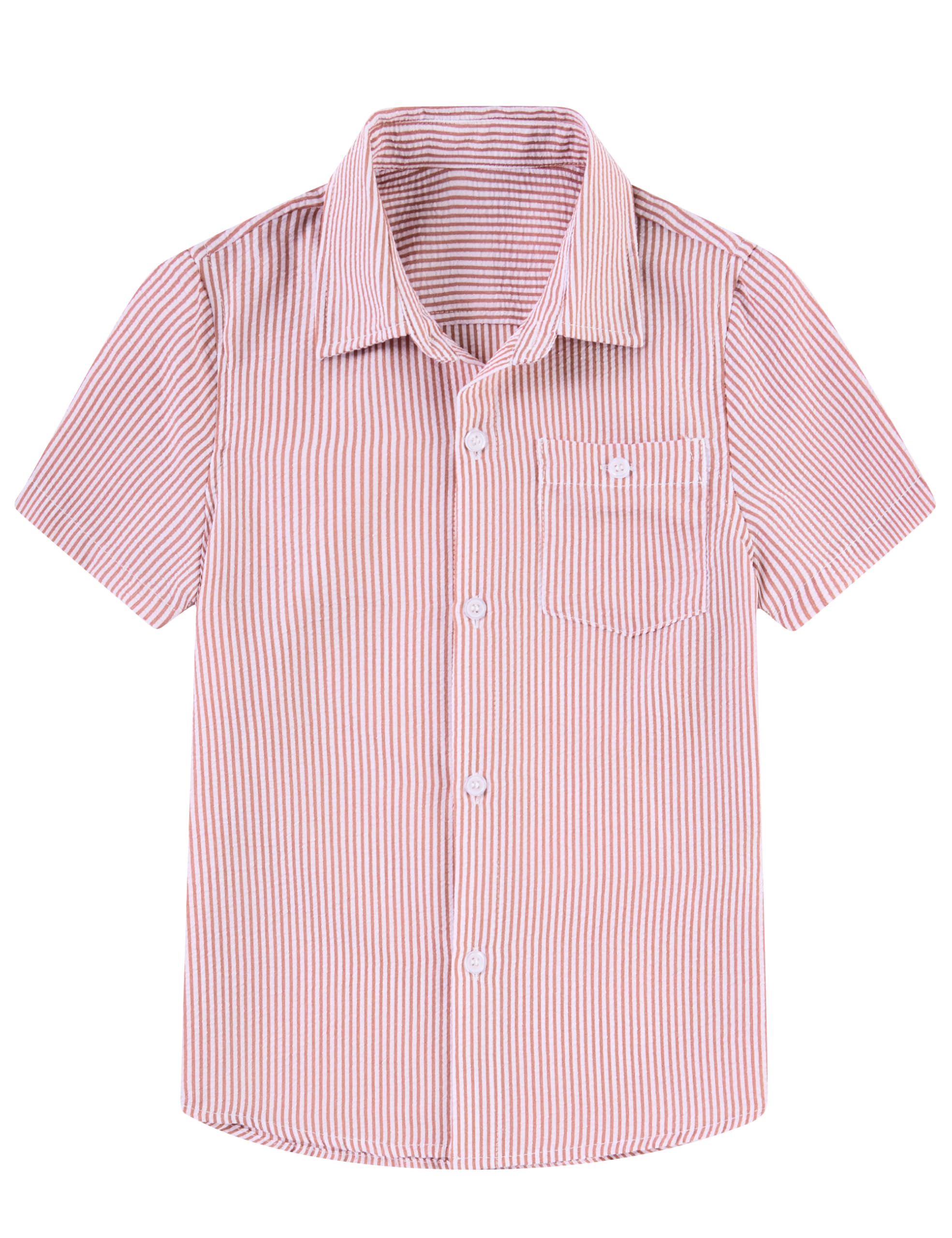 Cozople Boys Short Sleeve Button Down Shirts Solid Striple Seersucker Shirt with Chest Pocket 5-14 Years