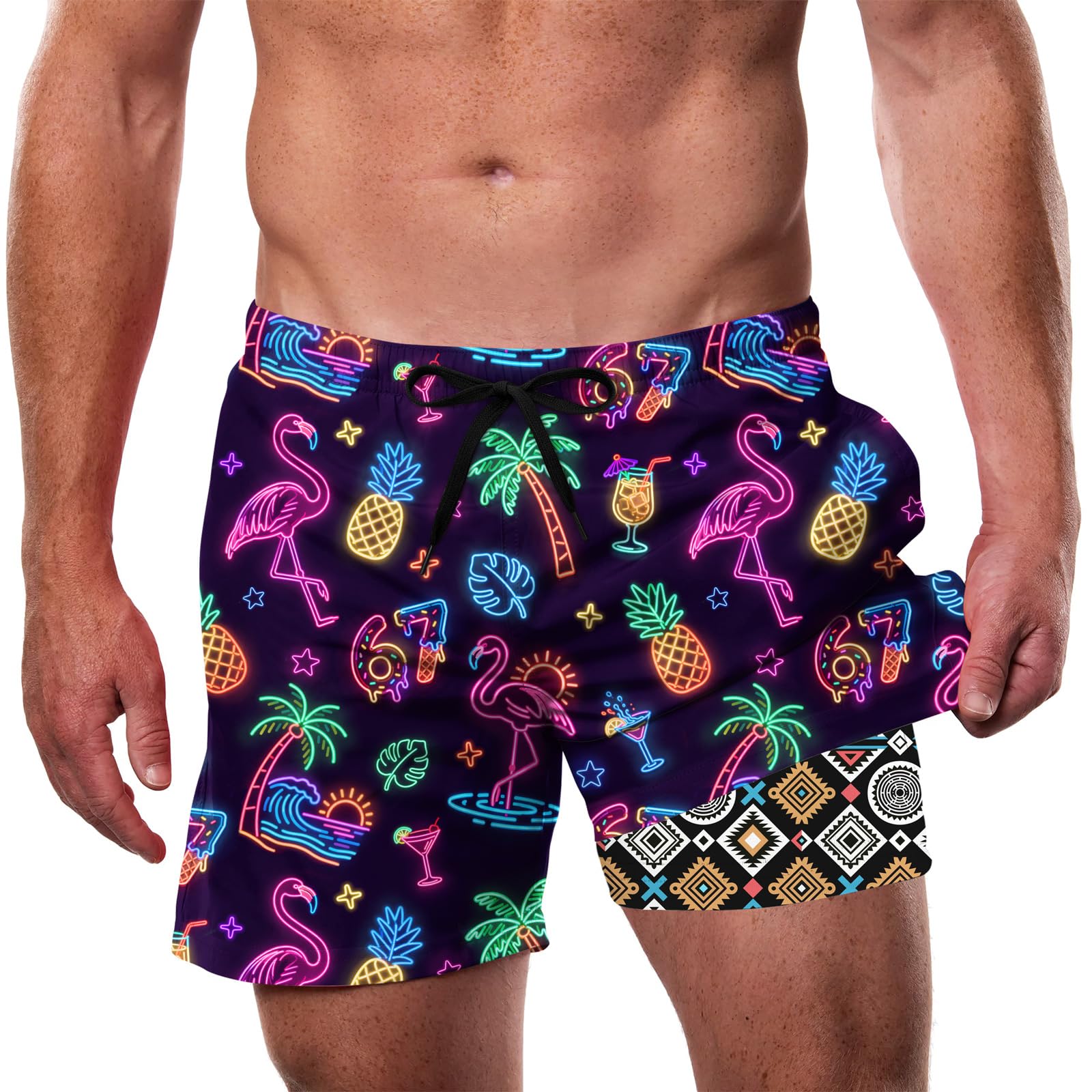 Cozople Men's Swim Trunks with Compression Liner 5.5" Inseam Quick Dry Bathing Suit Boxer Brief Lined Swim Shorts Swimwear