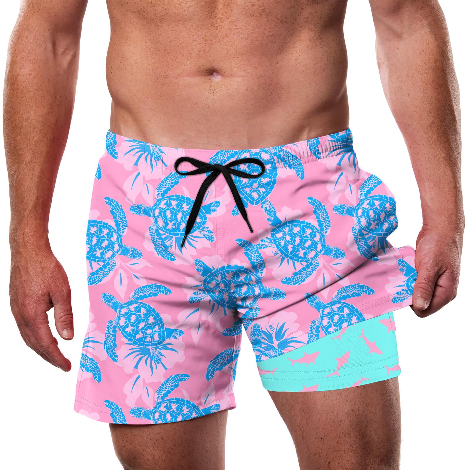 Cozople Men's Swim Trunks with Compression Liner 5.5" Inseam Quick Dry Bathing Suit Boxer Brief Lined Swim Shorts Swimwear
