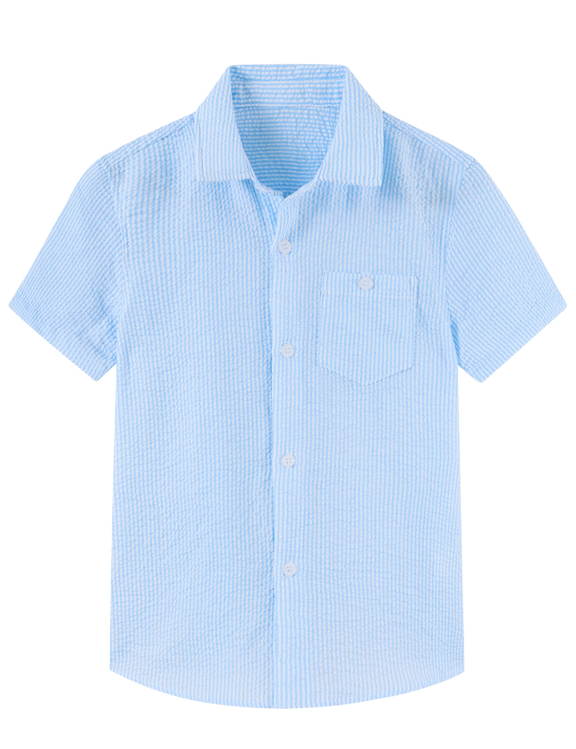 Cozople Boys Short Sleeve Button Down Shirts Solid Striple Seersucker Shirt with Chest Pocket 5-14 Years