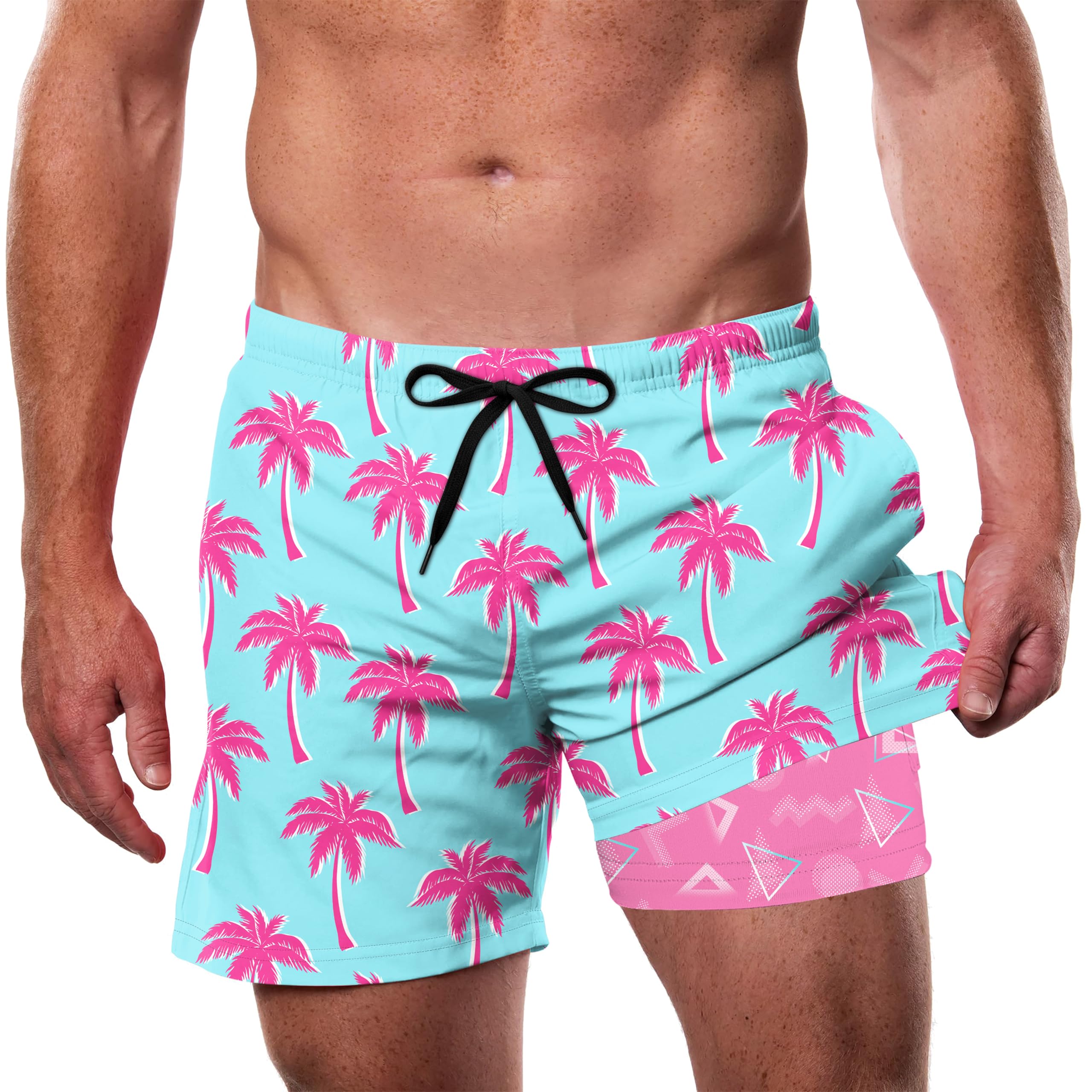 Cozople Men's Swim Trunks with Compression Liner 5.5" Inseam Quick Dry Bathing Suit Boxer Brief Lined Swim Shorts Swimwear